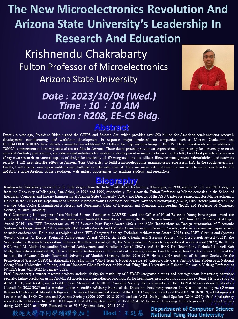 10 04 Wed 10 10 12 00 R208 Ee Cs Bldg Krishnendu Chakrabarty Fulton Professor Of