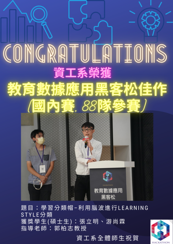 賀!資工系碩士生張立明、游尚霖榮獲教育數據應用黑客松佳作(指導教授_郭柏志教授)